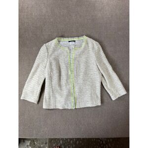 Apriori Women Cream Tweed Metallic Gold Jacket Neon Yellow Trim Sz 14 Open Front